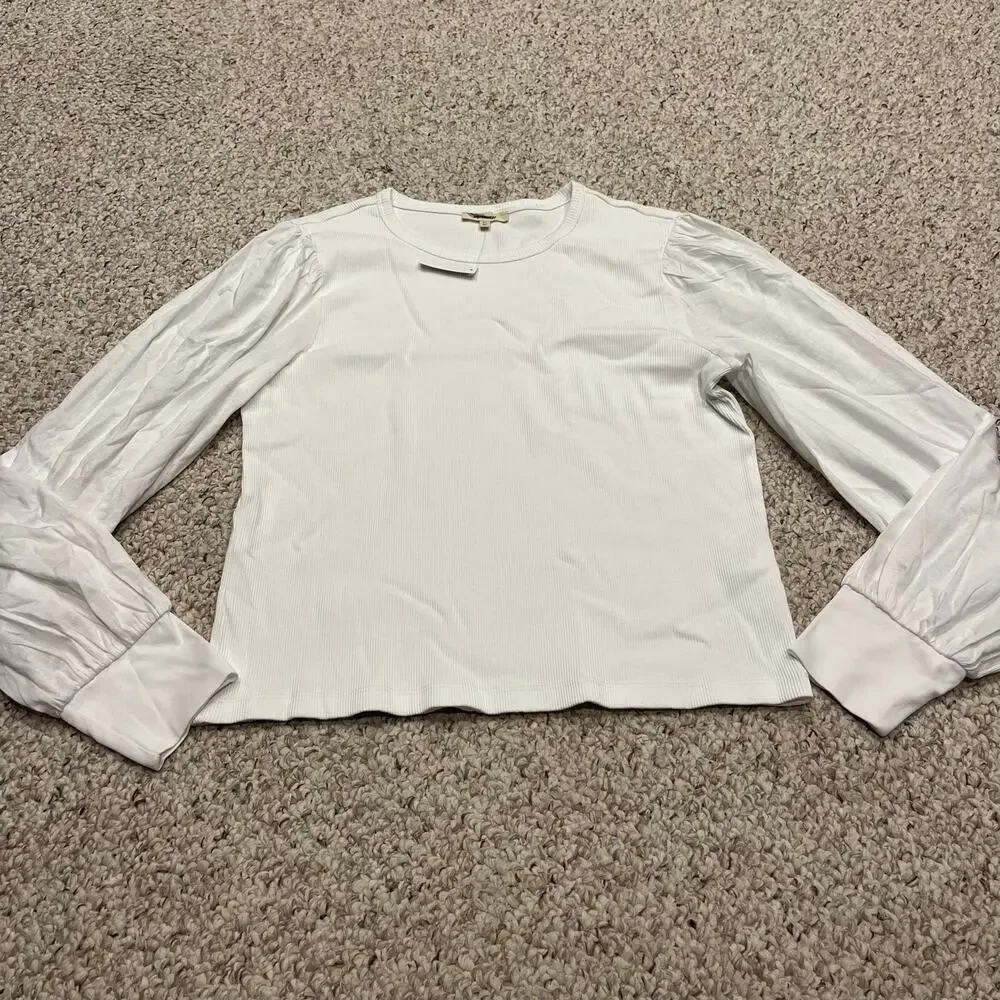 NWT Madewell Ribbed Puff Sleeve Top Sz XL White Peasant Preppy Casual
